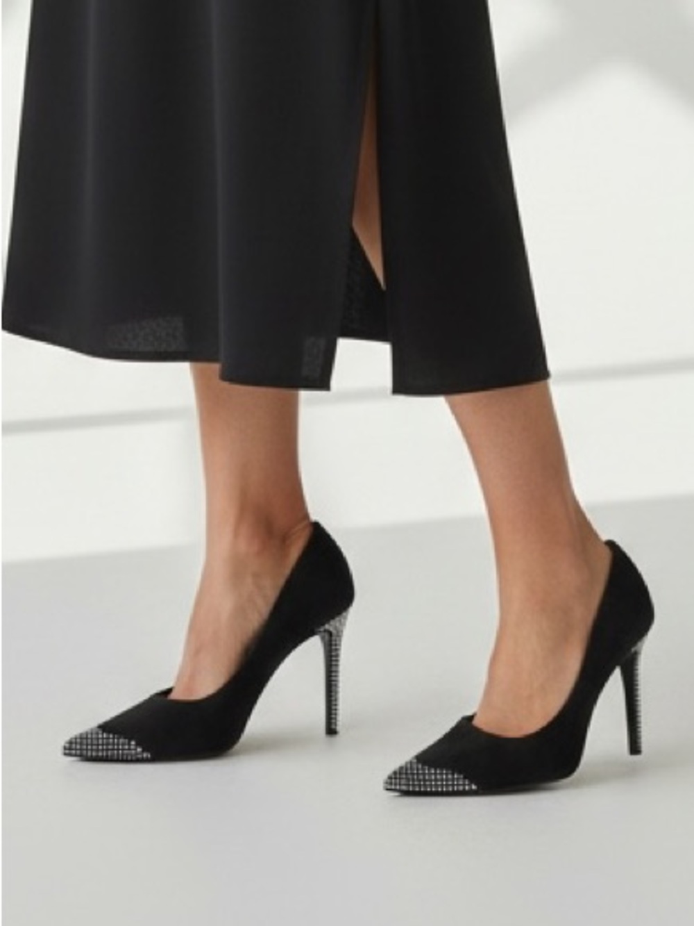St. John Couture Black Satin Crystal Rhinestone Pointed Toe Pumps 8.5